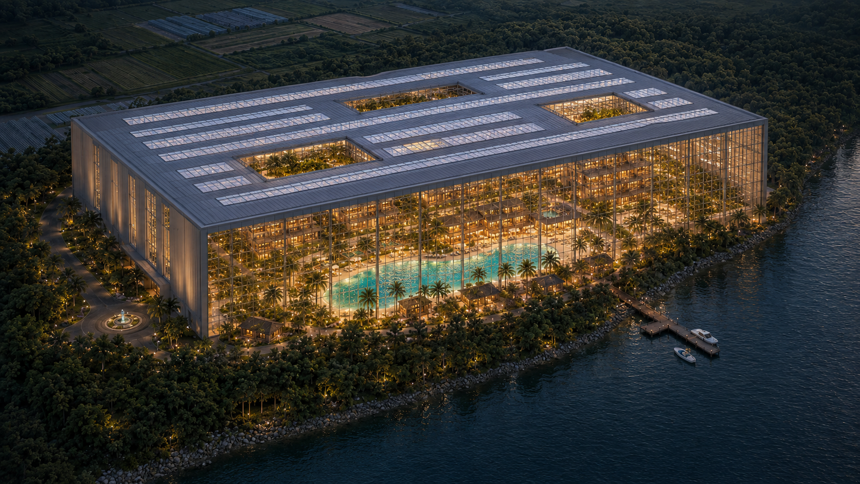 HOTELA Beach Club and Lakehouse at Toyako aerial view of the enclosed all-year structure — entire development housed inside a single skylit volume with palm landscape and lagoon visible inside