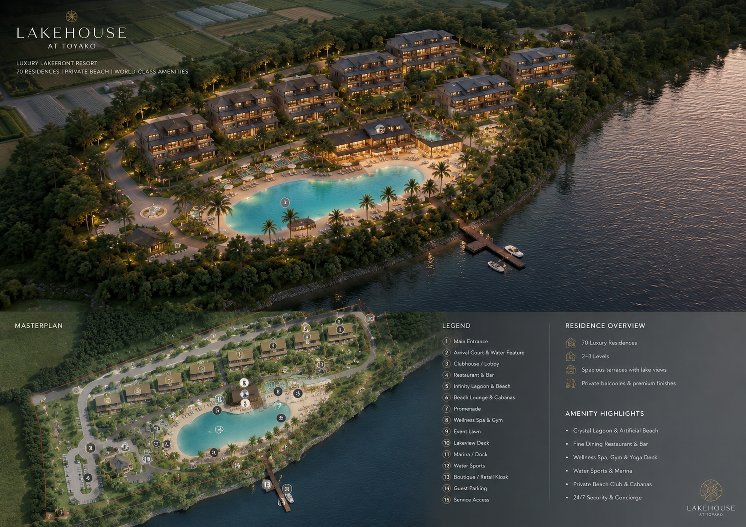 HOTELA Beach Club and Lakehouse at Toyako masterplan with legend, residence overview, and amenity highlights