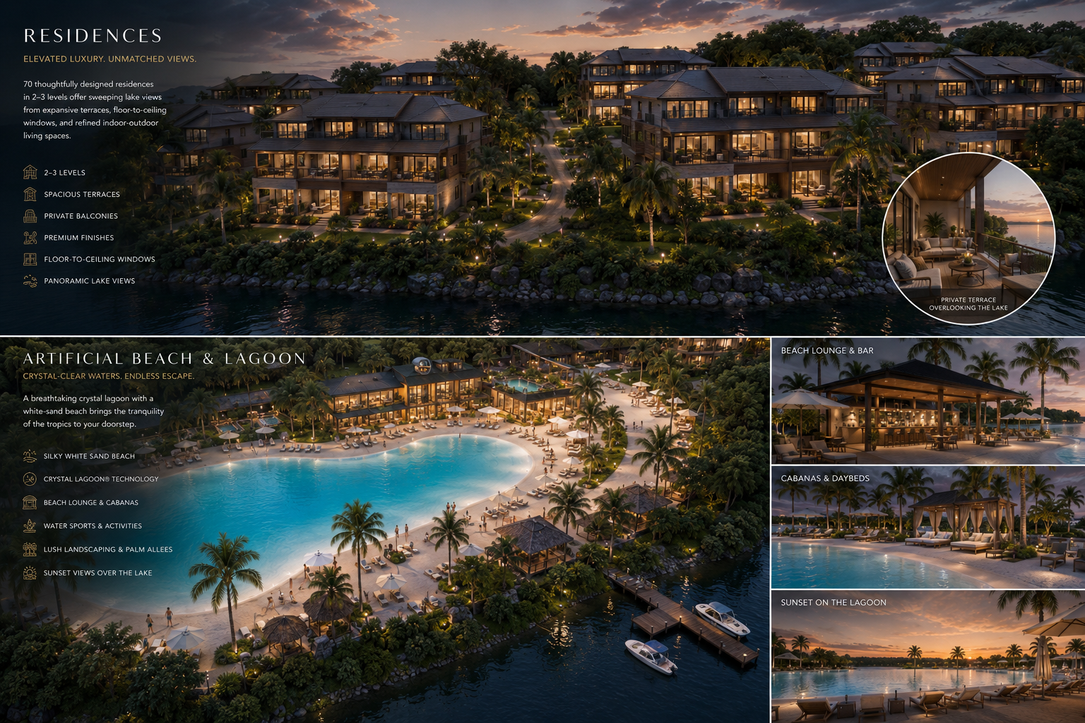 HOTELA Beach Club and Lakehouse at Toyako residence elevations and artificial beach & lagoon detail with sub-images of beach lounge, cabanas, and sunset view