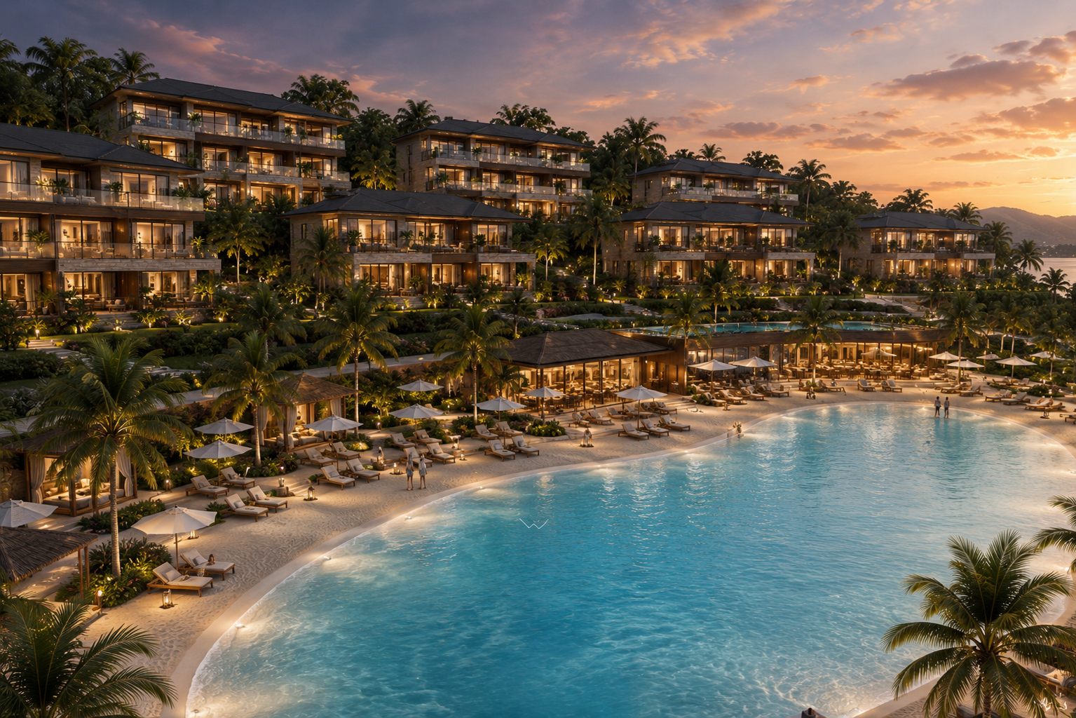 HOTELA Beach Club and Lakehouse at Toyako residences overlooking the artificial beach at dusk, ambient lighting