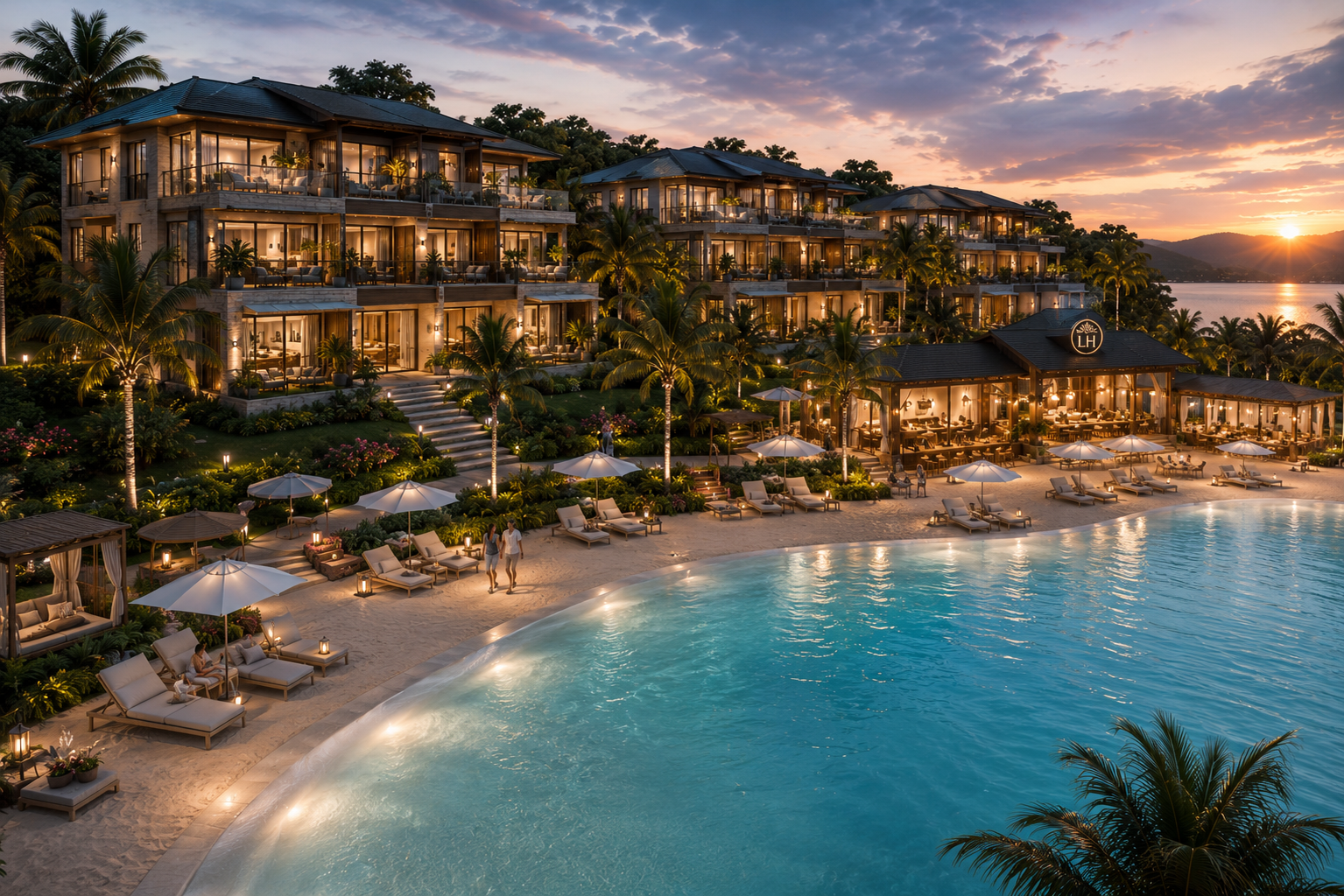 HOTELA Beach Club and Lakehouse at Toyako residences with HOTELA branded beach pavilion at right