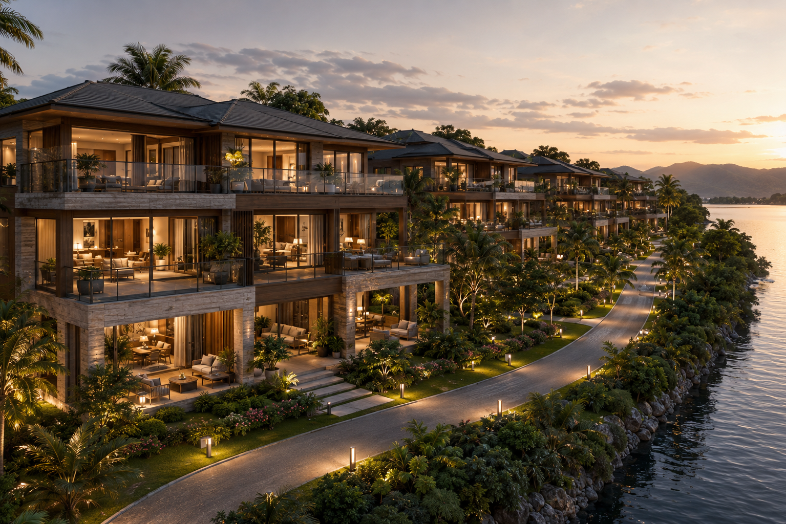 HOTELA Beach Club and Lakehouse at Toyako architectural language — open terraces, glass facades, integrated landscape along the lakefront walkway